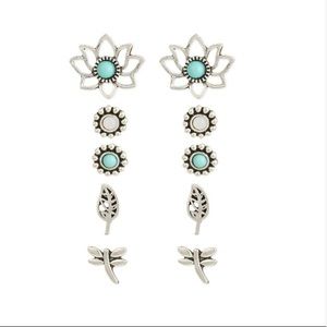 Teal & Silvertone Boho Bonanza Stud Earring Set